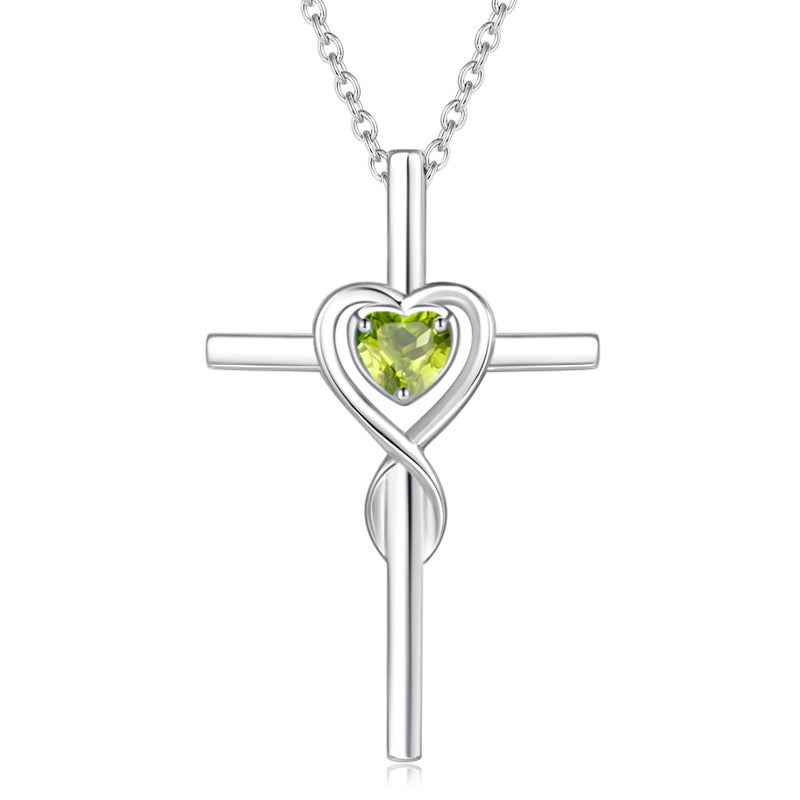 FANCIME Peridot Cross Necklace For Women Sterling Silver Birthstone Peridot Infinity Heart Cross Pendant August Birthstone Jewelry Gifts Valentines Day Gifts for Women - Image 1